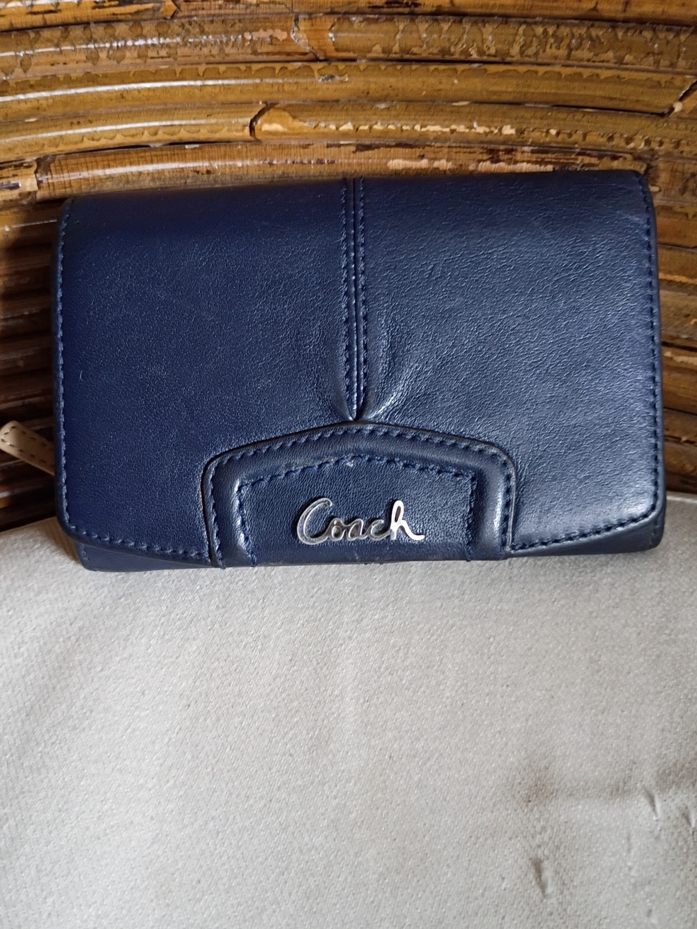 COACH Ashley Navy Blue Leather Trifold Clutch Wallet F48068